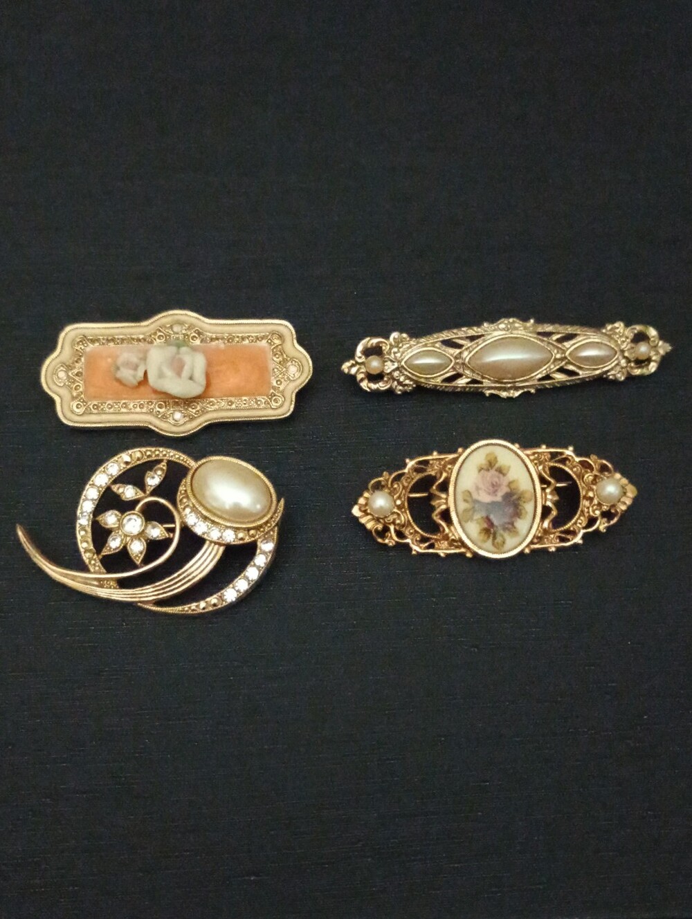 Vintage- 1918  Gold Tone Pearl & Cameo Brooch Collection - Cream Accents
